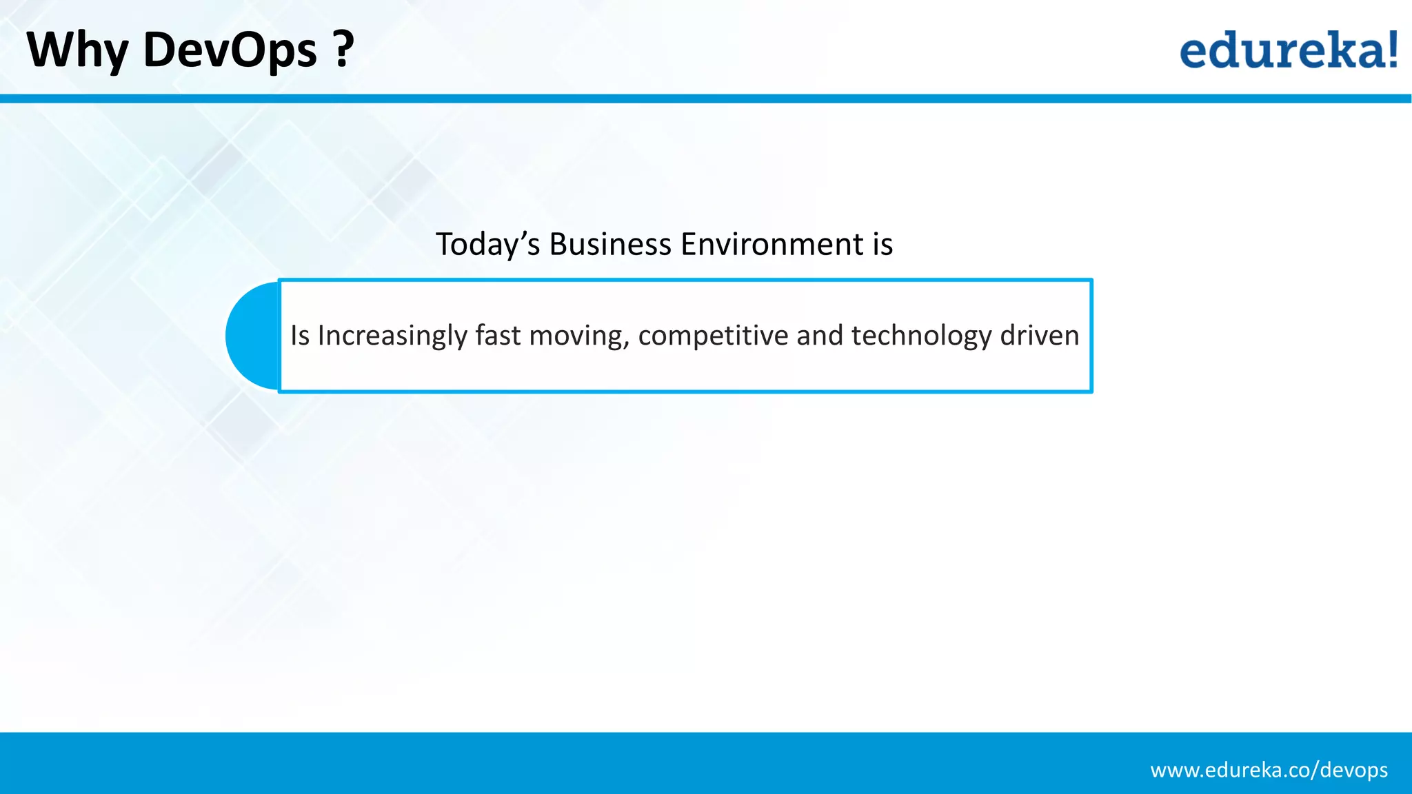 www.edureka.co/devops
Why DevOps ?
Today’s Business Environment is
Is Increasingly fast moving, competitive and technology driven
 