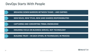 DevOps Starts With People 
BREAKING DOWN BARRIERS BETWEEN TEAMS – AND EMPIRES 
NEW ROLES, NEW TITLES, NEW (AND SHARED) RESPONSIBILITIES 
CAPTURING AND CONVERTING TRIBAL KNOWLEDGE 
ENSURING FOCUS ON BUSINESS SERVICE, NOT TECHNOLOGY 
BUILDING TRUST – IN EACH OTHER, IN TECHNOLOGY, IN PROCESS 
14 © 2014 CA. ALL RIGHTS RESERVED. 
 