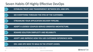 Seven Habits Of Highly Effective DevOps 
ESTABLISH TRUST AND TRANSPARENCY BETWEEN DEV. AND OPS. 
SEE EVERYTHING THROUGH THE EYES OF THE CUSTOMER. 
STREAMLINE YOUR APPLICATION DELIVERY PIPELINE. 
ADOPT A LOOSELY COUPLED SERVICE-ORIENTED ARCHITECTURE. 
REWARD SOLUTION SIMPLICITY AND RELIABILITY. 
1 
2 
3 
4 
5 
ADOPT AND 6 IMPROVE HOW YOU USE CUSTOMER EXPERIENCE DATA. 
7 DEV. AND OPS NEED TO WALK IN THE OTHER’S SHOES. 
Source: Forrester Research, Inc., ‘The Seven Habits Of Highly Effective DevOps’, October 2, 2014 
17 © 2014 CA. ALL RIGHTS RESERVED. 
 