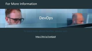 For More Information 
Insert appropriate screenshot and text overlay 
from following “More Info Graphics” slide here; 
DevOps 
ensure it links to correct page 
To learn more about DevOps, please visit: 
http://bit.ly/1wbjjqX 
 