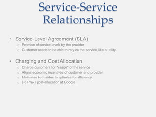 Service-Service
Relationships
• Service-Level Agreement (SLA)
o Promise of service levels by the provider
o Customer needs to be able to rely on the service, like a utility
• Charging and Cost Allocation
o Charge customers for *usage* of the service
o Aligns economic incentives of customer and provider
o Motivates both sides to optimize for efficiency
o (+) Pre- / post-allocation at Google
 