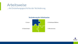Arbeitsweise
... die Entstehungsgeschichte der Veränderung
4
Veränderung der Arbeitsweise
1. Scrum 2. Continuous Delivery
3. Cloud & XaaS 4. Microservices
4
 