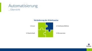 Automatisierung
8
Veränderung der Arbeitsweise
1. Scrum 2. Continuous Delivery
3. Cloud & XaaS 4. Microservices
8
... Übersicht
 