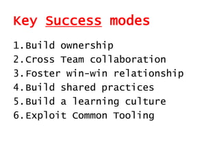 Key Success modes
1.Build ownership
2.Cross Team collaboration
3.Foster win-win relationship
4.Build shared practices
5.Build a learning culture
6.Exploit Common Tooling
 