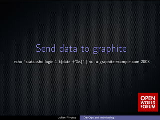 ;
Send data to graphiteSend data to graphite
echo "stats.sshd.login 1 $(date +%s)" | nc -u graphite.example.com 2003echo "...
