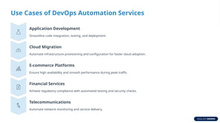 Use Cases of DevOps Automation Services
Application Development
Streamline code integration, testing, and deployment.
Cloud Migration
Automate infrastructure provisioning and configuration for faster cloud adoption.
E-commerce Platforms
Ensure high availability and smooth performance during peak traffic.
Financial Services
Achieve regulatory compliance with automated testing and security checks.
Telecommunications
Automate network monitoring and service delivery.
 