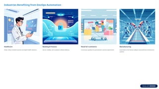 Industries Benefiting from DevOps Automation
Healthcare
Faster rollout of patient portals and digital health solutions.
Banking & Finance
Secure, reliable, and compliant software delivery.
Retail & E-commerce
Continuous updates for personalized customer experiences.
Manufacturing
Automation of IoT-driven software and predictive maintenance
systems.
 