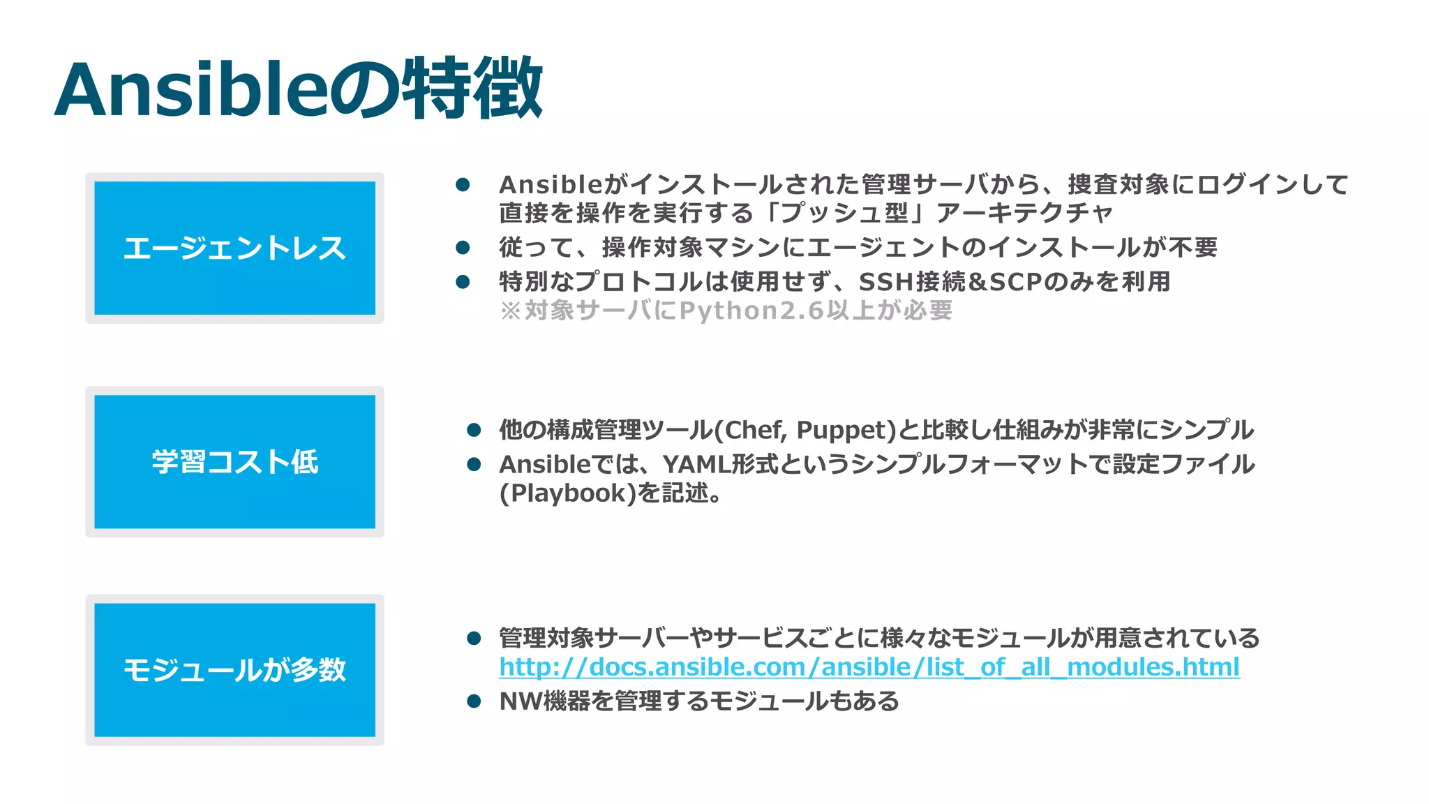 Ansibleの特徴
 Ansibleがインストールされた管理サーバから、捜査対象にログインして
直接を操作を実行する「プッシュ型」アーキテクチャ
 従って、操作対象マシンにエージェントのインストールが不要
 特別なプロトコルは使用せず、SSH接続&SCPのみを利用
※対象サーバにPython2.6以上が必要
エージェントレス
 他の構成管理ツール(Chef, Puppet)と比較し仕組みが非常にシンプル
 Ansibleでは、YAML形式というシンプルフォーマットで設定ファイル
(Playbook)を記述。
学習コスト低
 管理対象サーバーやサービスごとに様々なモジュールが用意されている
http://docs.ansible.com/ansible/list_of_all_modules.html
 NW機器を管理するモジュールもある
モジュールが多数
 
