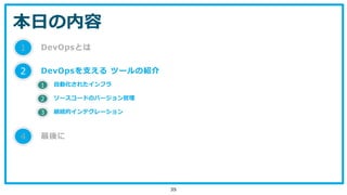 本日の内容
35
1 DevOpsとは
2 DevOpsを支える ツールの紹介
4 最後に
1 自動化されたインフラ
2 ソースコードのバージョン管理
3 継続的インテグレーション
 