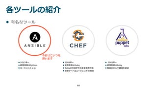 各ツールの紹介
60
 有名なツール
 2012年~
 使用言語はPython
 エージェントレス
 2009年~
 使用言語はRuby
 Rubyの文法がそのまま使用可能
 管理サーバ&エージェントの構成
 2005年~
 使用言語はRuby
 独自のDSLで構成を記述
今日はこいつを
扱います
 