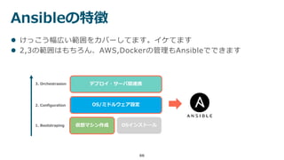 Ansibleの特徴
66
 けっこう幅広い範囲をカバーしてます。イケてます
 2,3の範囲はもちろん、AWS,Dockerの管理もAnsibleでできます
仮想マシン作成 OSインストール
OS/ミドルウェア設定
デプロイ・サーバ間連携3. Orchestrasion
2. Configuration
1. Bootstraping
 