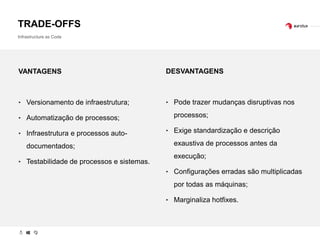 VANTAGENS
‣ Versionamento de infraestrutura;
‣ Automatização de processos;
‣ Infraestrutura e processos auto-
documentados;
‣ Testabilidade de processos e sistemas.
DESVANTAGENS
‣ Pode trazer mudanças disruptivas nos
processos;
‣ Exige standardização e descrição
exaustiva de processos antes da
execução;
‣ Configurações erradas são multiplicadas
por todas as máquinas;
‣ Marginaliza hotfixes.
TRADE-OFFS
Infrastructure as Code
 