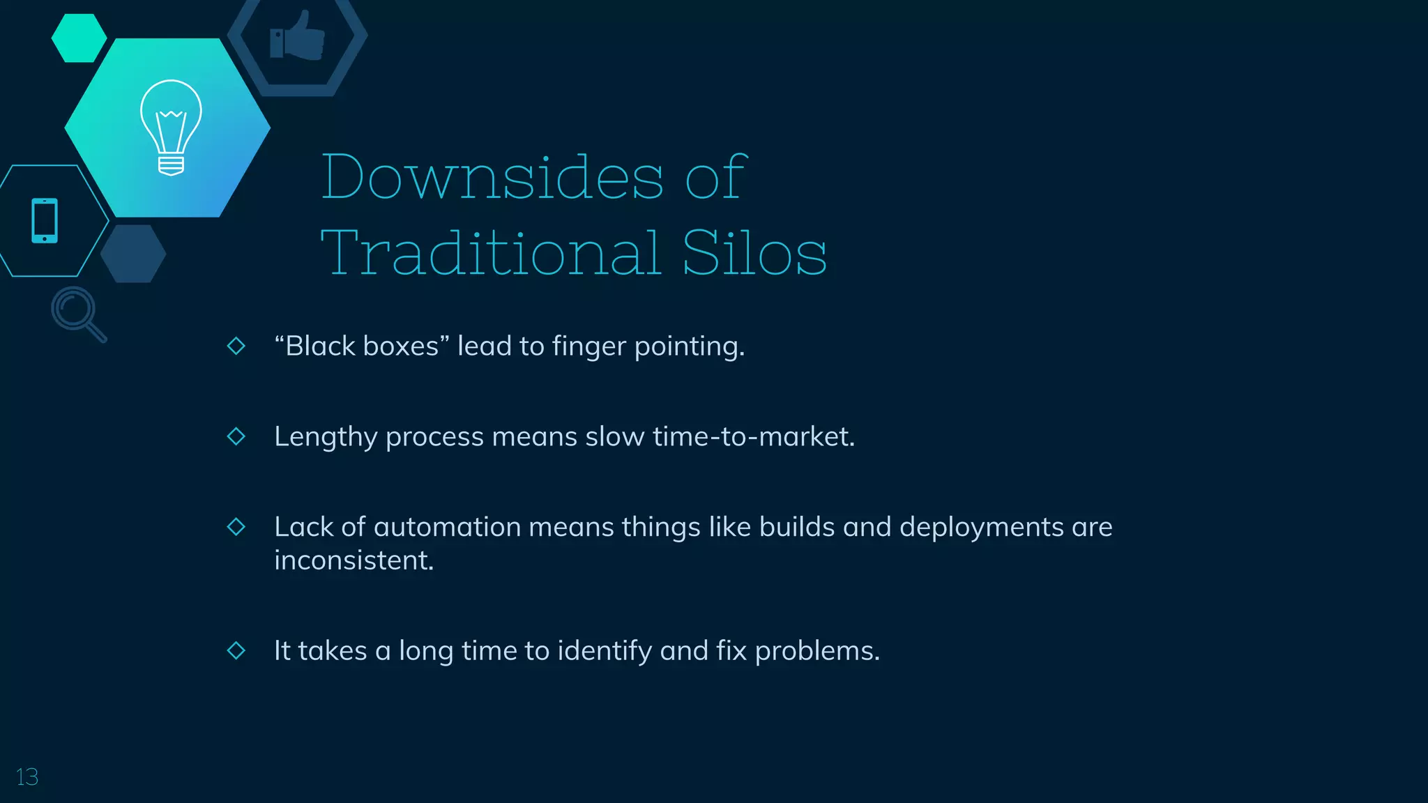 Downsides of
Traditional Silos
◇ “Black boxes” lead to finger pointing.
◇ Lengthy process means slow time-to-market.
◇ Lack of automation means things like builds and deployments are
inconsistent.
◇ It takes a long time to identify and fix problems.
13
 