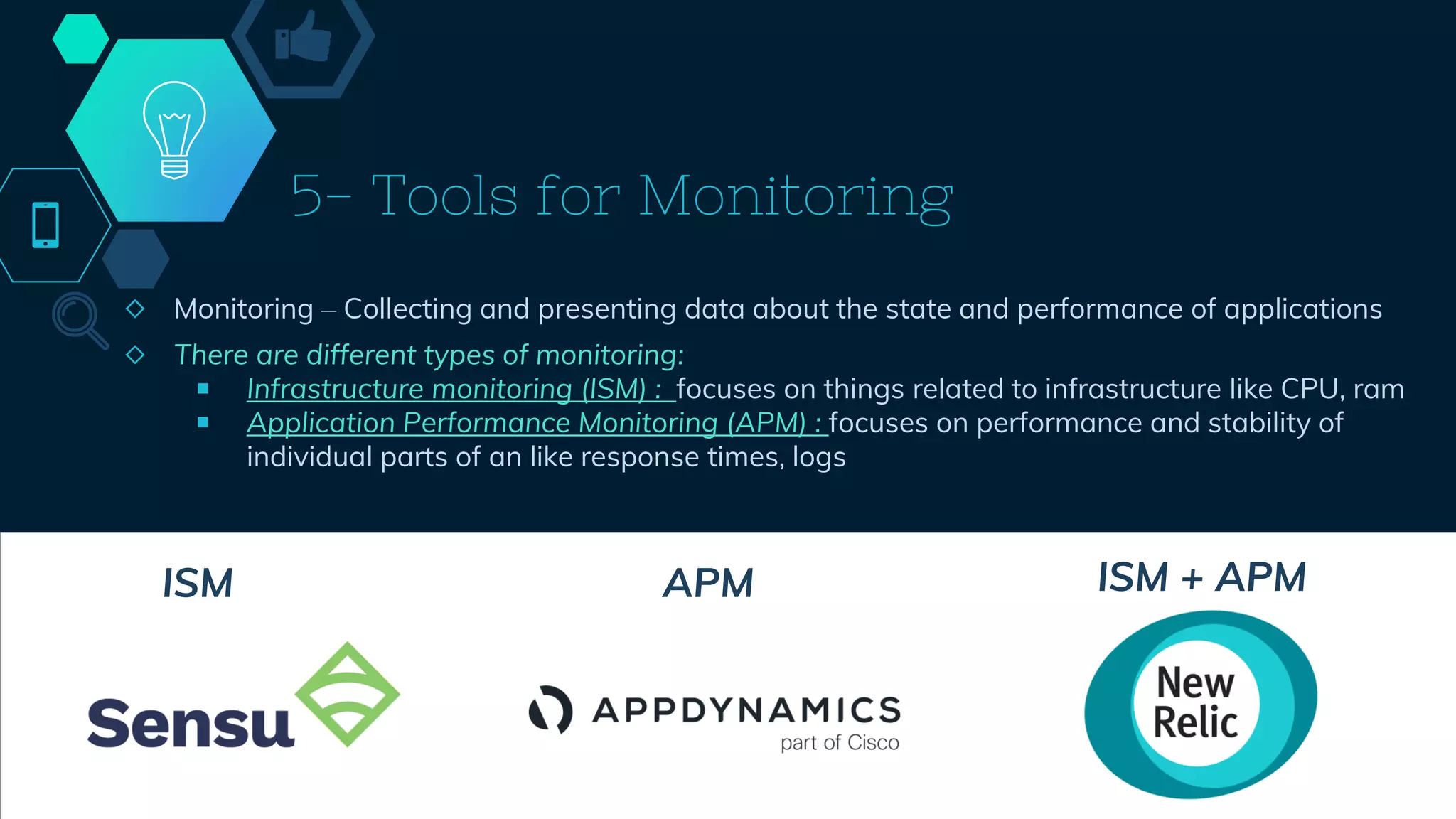 5- Tools for Monitoring
◇ Monitoring – Collecting and presenting data about the state and performance of applications
◇ There are different types of monitoring:
￭ Infrastructure monitoring (ISM) : focuses on things related to infrastructure like CPU, ram
￭ Application Performance Monitoring (APM) : focuses on performance and stability of
individual parts of an like response times, logs
45
ISM APM ISM + APM
 