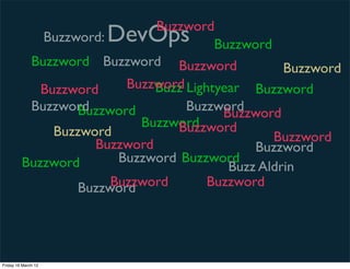 Buzzword
                        DevOps
                Buzzword:               Buzzword
              Buzzword Buzzword Buzzword         Buzzword
               Buzzword   Buzzword Lightyear Buzzword
                              Buzz
          Buzzword
                 Buzzword        Buzzword
                                      Buzzword
                          Buzzword
                               Buzzword
             Buzzword                         Buzzword
                   Buzzword                Buzzword
         Buzzword      Buzzword Buzzword
                                       Buzz Aldrin
                      Buzzword
                 Buzzword           Buzzword




Friday 16 March 12
 