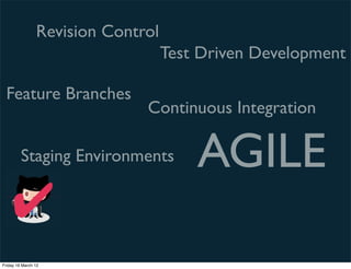 Revision Control
                                   Test Driven Development

 Feature Branches
                              Continuous Integration

         Staging Environments          AGILE
    ✔
Friday 16 March 12
 