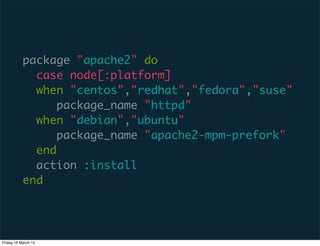package "apache2" do
             case node[:platform]
             when "centos","redhat","fedora","suse"
                 package_name "httpd"
             when "debian","ubuntu"
                 package_name "apache2-mpm-prefork"
             end
             action :install
           end




Friday 16 March 12
 