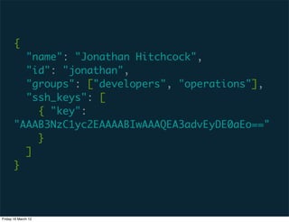 {
         "name": "Jonathan Hitchcock",
         "id": "jonathan",
         "groups": ["developers", "operations"],
         "ssh_keys": [
           { "key":
       "AAAB3NzC1yc2EAAAABIwAAAQEA3advEyDE0aEo=="
           }
         ]
       }




Friday 16 March 12
 