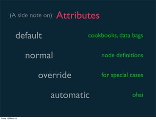 (A side note on)     Attributes
                default              cookbooks, data bags


                     normal                node deﬁnitions


                       override            for special cases


                          automatic                    ohai


Friday 16 March 12
 