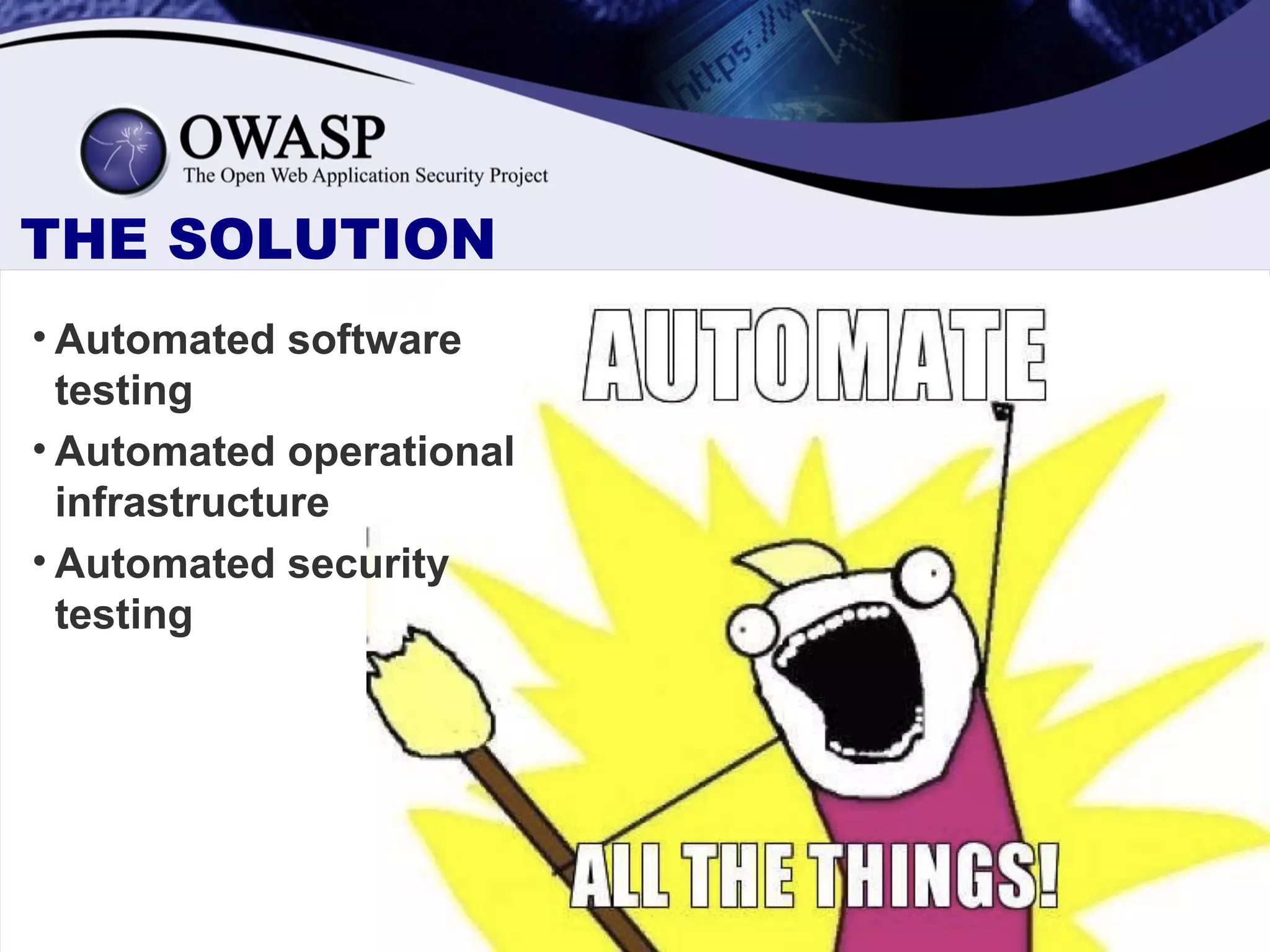 • Automated software
testing
• Automated operational
infrastructure
• Automated security
testing
THE SOLUTION
 