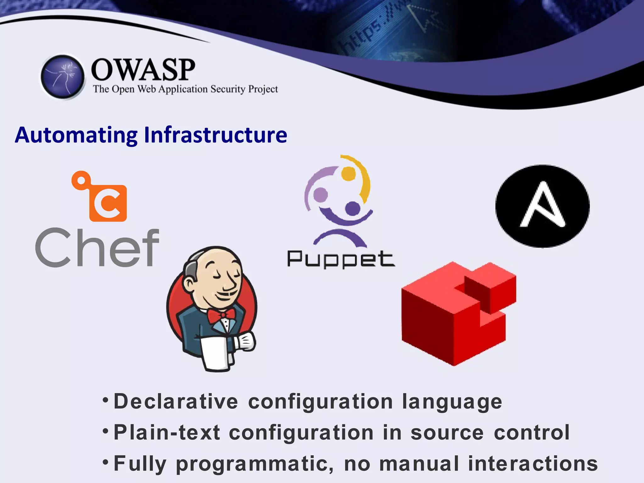 Automating Infrastructure
• Declarative configuration language
• Plain-text configuration in source control
• Fully programmatic, no manual interactions
 
