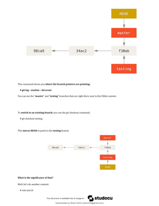 This command shows you where the branch pointers are pointing:
# git log --oneline --decorate
You can see the “master” and “testing” branches that are right there next to the f30ab commit.
To switch to an existing branch, you run the git checkout command.
# git checkout testing
This moves HEAD to point to the testing branch.
What is the significance of that?
Well, let’s do another commit:
# vim test.rb
Downloaded by Robin Rohit (robinrohit@gmail.com)
lOMoARcPSD|3465636
 
