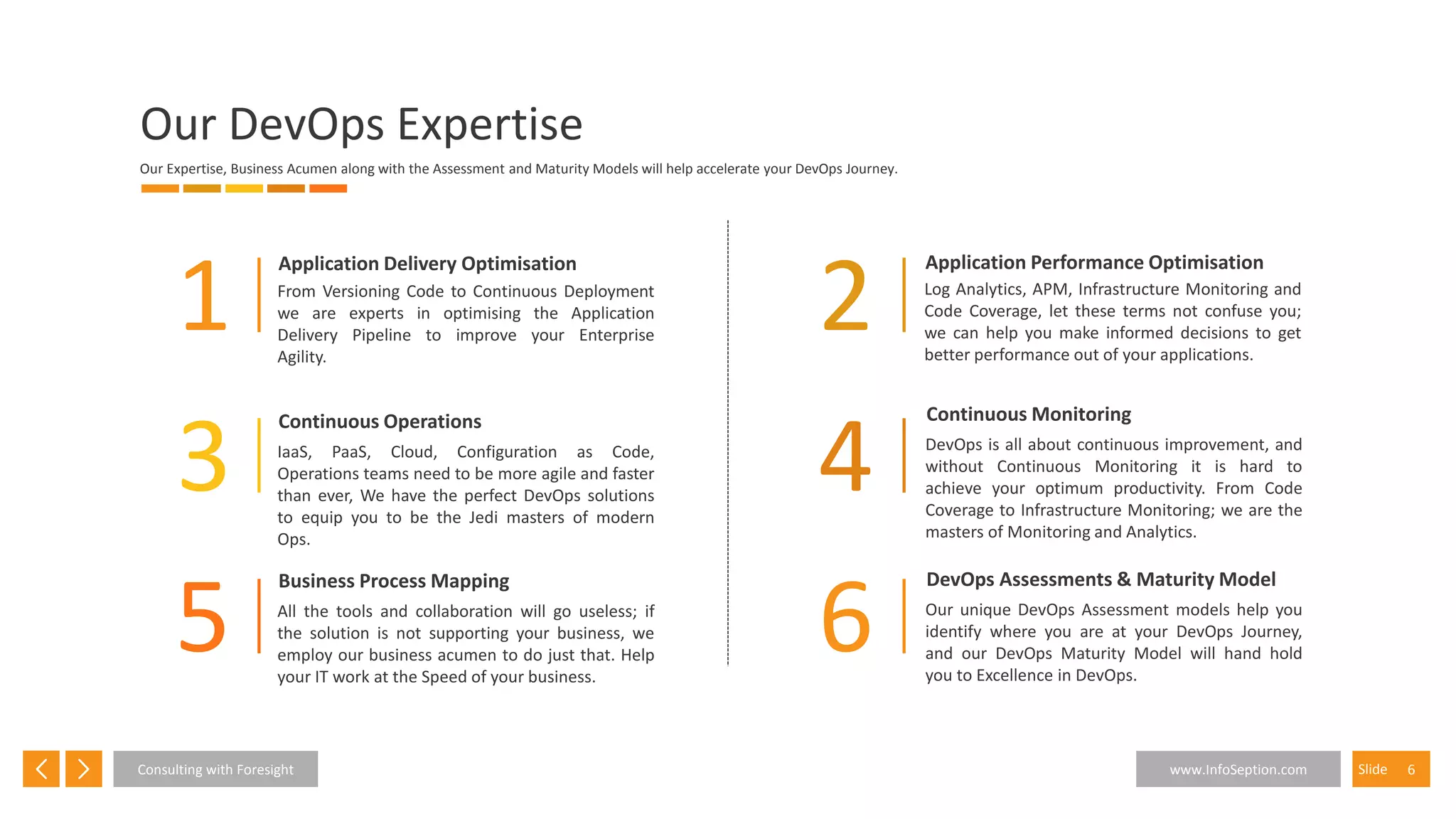 6SlideConsulting with Foresight www.InfoSeption.com
1
Application Delivery Optimisation
From Versioning Code to Continuous Deployment
we are experts in optimising the Application
Delivery Pipeline to improve your Enterprise
Agility.
3
Continuous Operations
IaaS, PaaS, Cloud, Configuration as Code,
Operations teams need to be more agile and faster
than ever, We have the perfect DevOps solutions
to equip you to be the Jedi masters of modern
Ops.
5
Business Process Mapping
All the tools and collaboration will go useless; if
the solution is not supporting your business, we
employ our business acumen to do just that. Help
your IT work at the Speed of your business.
2
Application Performance Optimisation
Log Analytics, APM, Infrastructure Monitoring and
Code Coverage, let these terms not confuse you;
we can help you make informed decisions to get
better performance out of your applications.
4
Continuous Monitoring
DevOps is all about continuous improvement, and
without Continuous Monitoring it is hard to
achieve your optimum productivity. From Code
Coverage to Infrastructure Monitoring; we are the
masters of Monitoring and Analytics.
6
DevOps Assessments & Maturity Model
Our unique DevOps Assessment models help you
identify where you are at your DevOps Journey,
and our DevOps Maturity Model will hand hold
you to Excellence in DevOps.
Our DevOps Expertise
Our Expertise, Business Acumen along with the Assessment and Maturity Models will help accelerate your DevOps Journey.
 