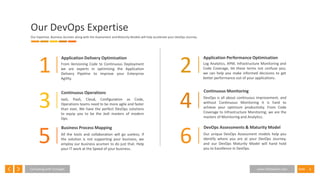 6SlideConsulting with Foresight www.InfoSeption.com
1
Application Delivery Optimisation
From Versioning Code to Continuous Deployment
we are experts in optimising the Application
Delivery Pipeline to improve your Enterprise
Agility.
3
Continuous Operations
IaaS, PaaS, Cloud, Configuration as Code,
Operations teams need to be more agile and faster
than ever, We have the perfect DevOps solutions
to equip you to be the Jedi masters of modern
Ops.
5
Business Process Mapping
All the tools and collaboration will go useless; if
the solution is not supporting your business, we
employ our business acumen to do just that. Help
your IT work at the Speed of your business.
2
Application Performance Optimisation
Log Analytics, APM, Infrastructure Monitoring and
Code Coverage, let these terms not confuse you;
we can help you make informed decisions to get
better performance out of your applications.
4
Continuous Monitoring
DevOps is all about continuous improvement, and
without Continuous Monitoring it is hard to
achieve your optimum productivity. From Code
Coverage to Infrastructure Monitoring; we are the
masters of Monitoring and Analytics.
6
DevOps Assessments & Maturity Model
Our unique DevOps Assessment models help you
identify where you are at your DevOps Journey,
and our DevOps Maturity Model will hand hold
you to Excellence in DevOps.
Our DevOps Expertise
Our Expertise, Business Acumen along with the Assessment and Maturity Models will help accelerate your DevOps Journey.
 