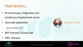 ©2014 CloudBees, Inc. All Rights Reserved
Meet Jenkins…
•  #1	
  ConEnuous	
  IntegraEon	
  and	
  
ConEnuous	
  Deploymen...