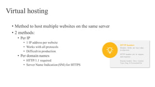 Virtual hosting
• Method to host multiple websites on the same server
• 2 methods:
• Per IP
• 1 IP address per website
• Works with all protocols
• Difficult in production
• Per domain names
• HTTP/1.1 required
• Server Name Indication(SNI) for HTTPS
Headers fields are key-value
in clear-text.
HTTP headers are in request
and response.
Popular headers: Host, Content-
Type, Etag, X-Forwarded-For
HTTP headers
 