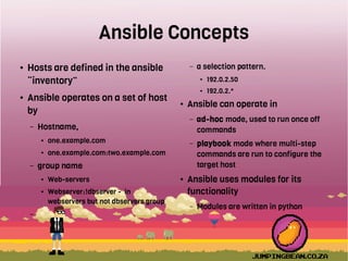 Ansible Concepts
● Hosts are defined in the ansible
“inventory”
● Ansible operates on a set of host
by
– Hostname,
● one.example.com
● one.example.com:two.example.com
– group name
● Web-servers
● Webserver:!dbserver - in
webservers but not dbservers group
–
– a selection pattern.
● 192.0.2.50
● 192.0.2.*
● Ansible can operate in
– ad-hoc mode, used to run once off
commands
– playbook mode where multi-step
commands are run to configure the
target host
● Ansible uses modules for its
functionality
– Modules are written in python
 