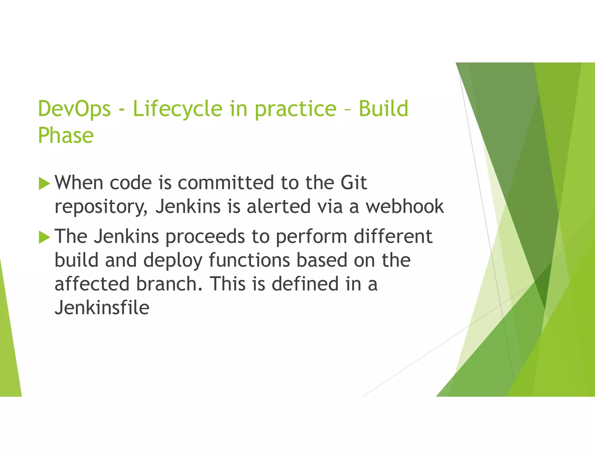 DevOps - Lifecycle in practice – Build
Phase
 When code is committed to the Git
repository, Jenkins is alerted via a webhook
 The Jenkins proceeds to perform different
build and deploy functions based on the
affected branch. This is defined in a
Jenkinsfile
 