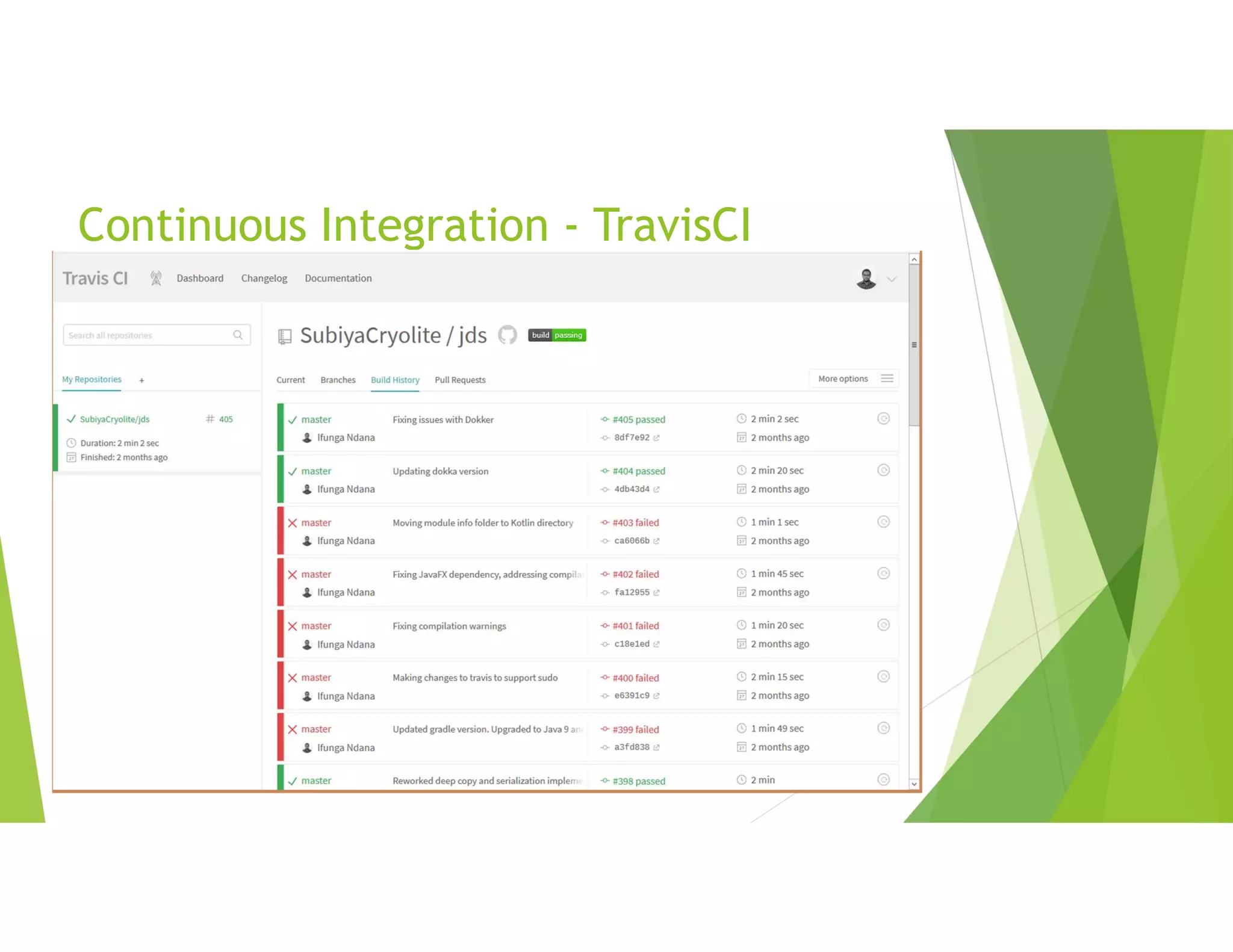 Continuous Integration - TravisCI
 
