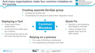 12Copyright © Capgemini 2015. All Rights Reserved
DevOps – Don’t be left Behind| 2015
And many organisations make four common mistakes on
the journey
Common
Mistakes
Deploying a Tool
!  A tool cannot force
collaboration
!  A tool cannot be relied upon
for a solution
!  A tool should be used to aid
the entire DevOps journey
Relying on a process
!  It is a way of thinking, a philosophy
!  It is supported by processes and tools
Creating separate DevOps group
!  Creating yet another silo
!  Complicating the structure to add further integration issues
Quick Fix
!  DevOps is not something
that happens overnight
!  Culture change is the
biggest issue and can
take months
 
