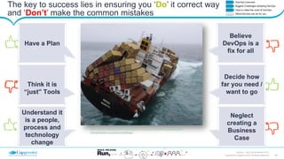 24Copyright © Capgemini 2015. All Rights Reserved
DevOps – Don’t be left Behind| 2015
The key to success lies in ensuring you ‘Do’ it correct way
and ‘Don’t’ make the common mistakes
http://www.vexperienced.co.uk/2011/10/31/container-shipping-and-
virtualisation-a-potent-analogy/
Have a Plan
Decide how
far you need /
want to go
Think it is
“just” Tools
Neglect
creating a
Business
Case
Understand it
is a people,
process and
technology
change
Believe
DevOps is a
fix for all
 