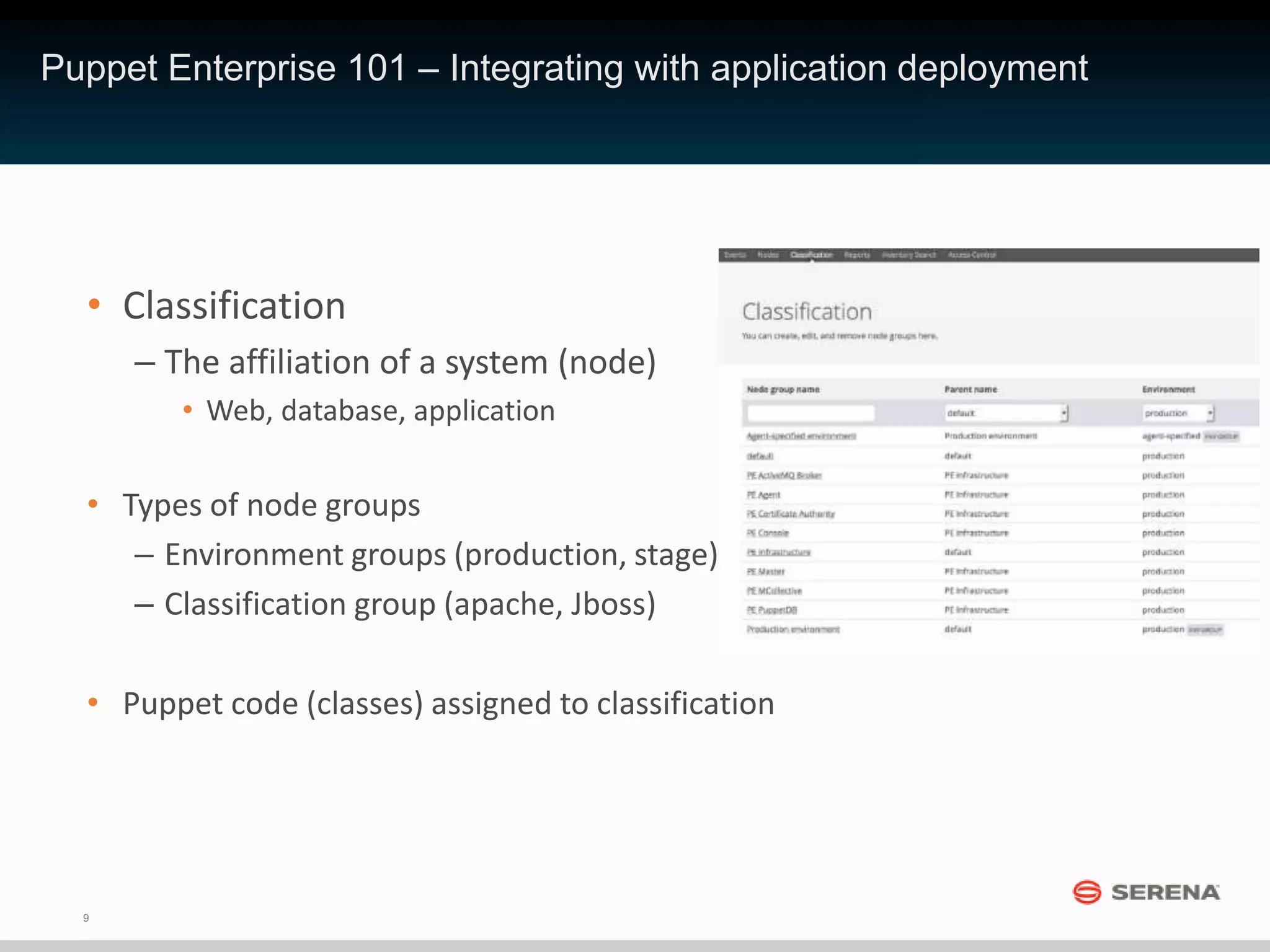 9
Puppet Enterprise 101 – Integrating with application deployment
• Classification
– The affiliation of a system (node)
• Web, database, application
• Types of node groups
– Environment groups (production, stage)
– Classification group (apache, Jboss)
• Puppet code (classes) assigned to classification
 