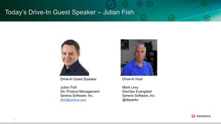 3
Today’s Drive-In Guest Speaker – Julian Fish
Drive-In Guest Speaker
Julian Fish
Dir, Product Management
Serena Software, Inc.
Drive-In Host
Mark Levy
DevOps Evangelist
Serena Software, Inc.
@deparkojfish@serena.com
 