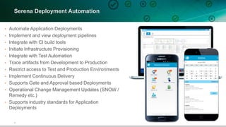 9
• Automate Application Deployments
• Implement and view deployment pipelines
• Integrate with CI build tools
• Initiate Infrastructure Provisioning
• Integrate with Test Automation
• Trace artifacts from Development to Production
• Restrict access to Test and Production Environments
• Implement Continuous Delivery
• Supports Gate and Approval based Deployments
• Operational Change Management Updates (SNOW /
Remedy etc.)
• Supports industry standards for Application
Deployments
Serena Deployment Automation
 