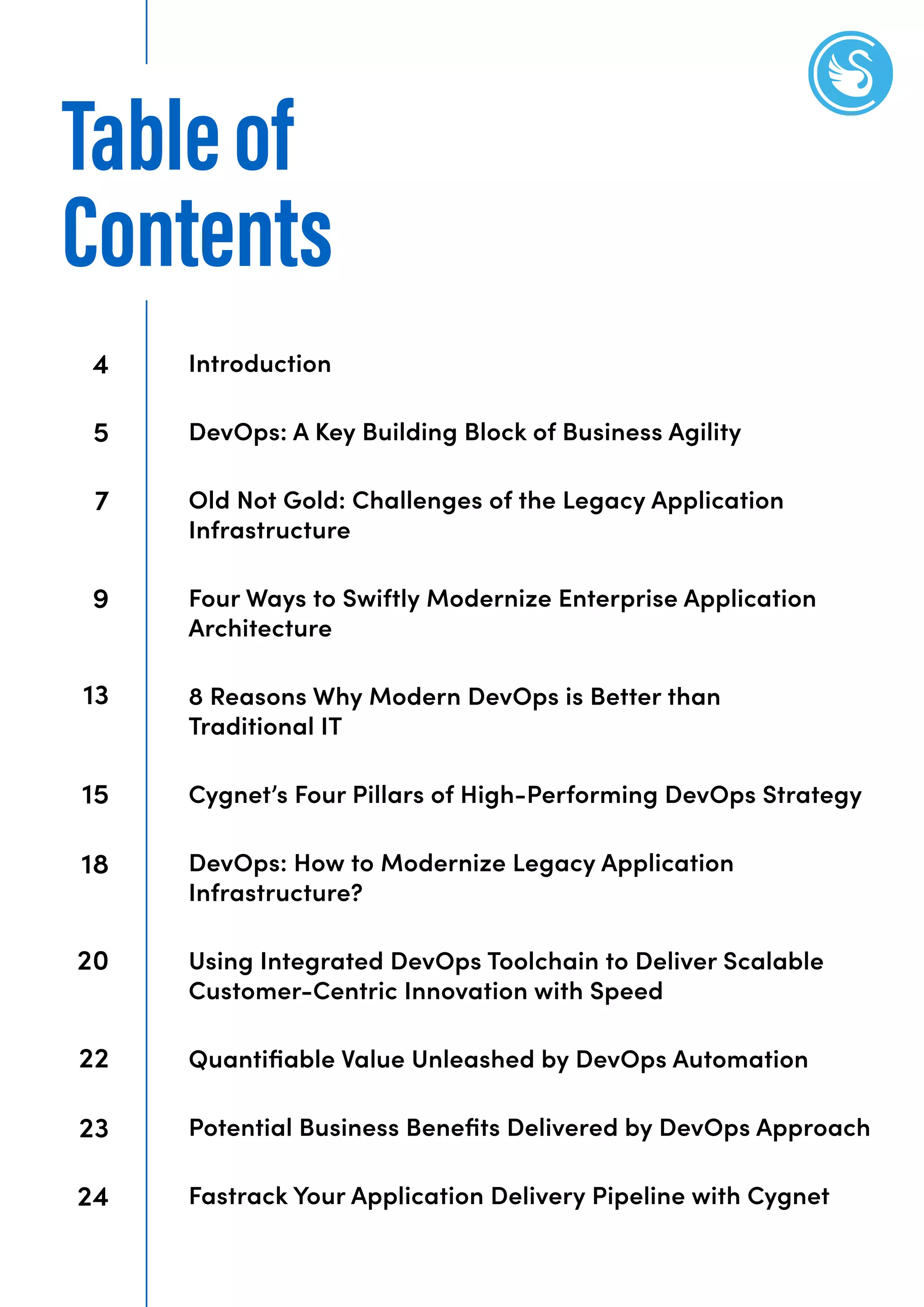 Tableof
Contents
4
5
7
9
13
15
18
20
22
23
24
Introduction
DevOps: A Key Building Block of Business Agility
Old Not Gold: Challenges of the Legacy Application
Infrastructure
Four Ways to Swiftly Modernize Enterprise Application
Architecture
8 Reasons Why Modern DevOps is Better than
Traditional IT
Cygnet’s Four Pillars of High-Performing DevOps Strategy
DevOps: How to Modernize Legacy Application
Infrastructure?
Using Integrated DevOps Toolchain to Deliver Scalable
Customer-Centric Innovation with Speed
Quantiﬁable Value Unleashed by DevOps Automation
Potential Business Beneﬁts Delivered by DevOps Approach
Fastrack Your Application Delivery Pipeline with Cygnet
 