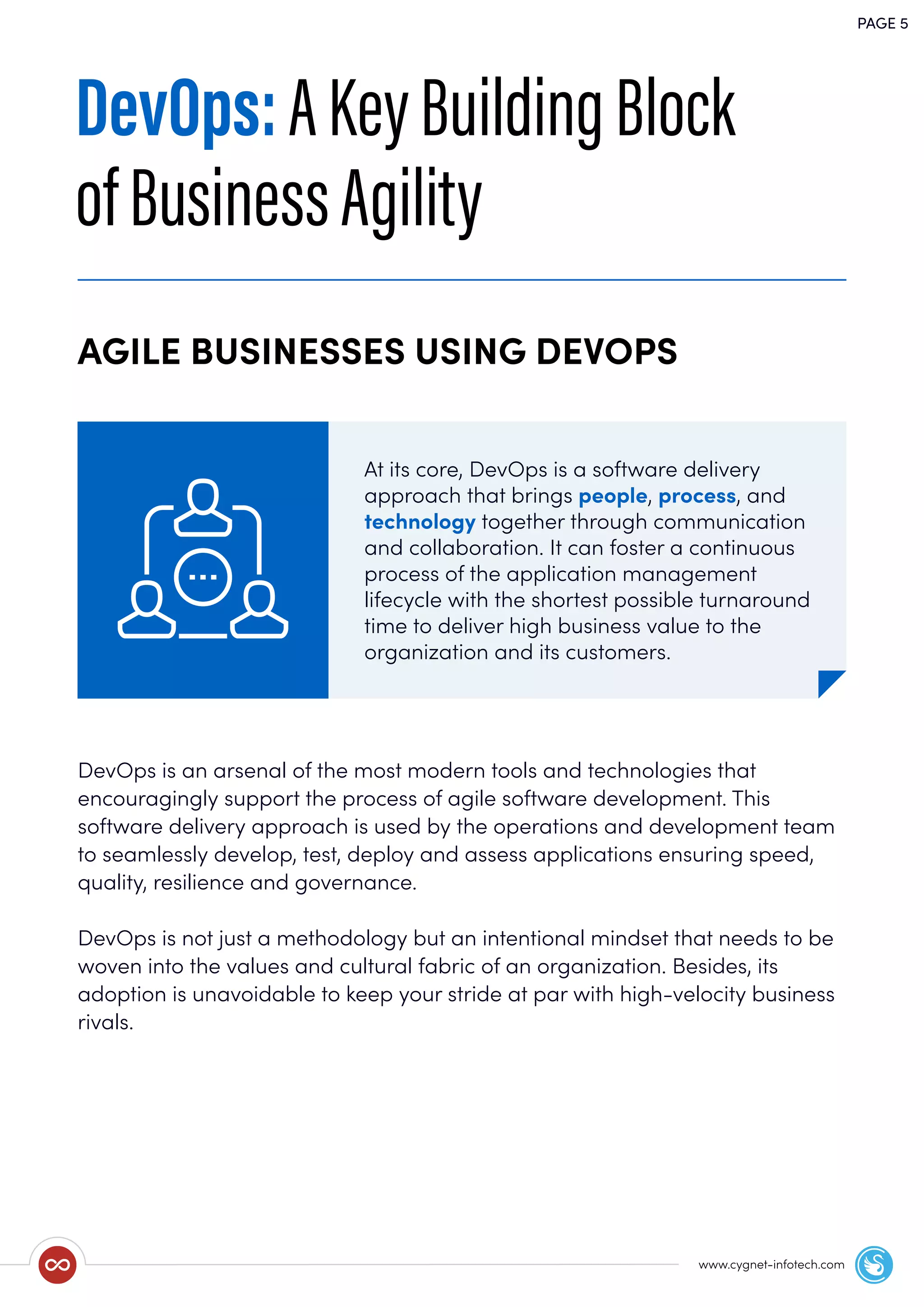 DevOps:AKeyBuildingBlock
ofBusinessAgility
DevOps is an arsenal of the most modern tools and technologies that
encouragingly support the process of agile software development. This
software delivery approach is used by the operations and development team
to seamlessly develop, test, deploy and assess applications ensuring speed,
quality, resilience and governance.
DevOps is not just a methodology but an intentional mindset that needs to be
woven into the values and cultural fabric of an organization. Besides, its
adoption is unavoidable to keep your stride at par with high-velocity business
rivals.
AGILE BUSINESSES USING DEVOPS
PAGE 5
www.cygnet-infotech.com
PAGE 4
At its core, DevOps is a software delivery
approach that brings people, process, and
technology together through communication
and collaboration. It can foster a continuous
process of the application management
lifecycle with the shortest possible turnaround
time to deliver high business value to the
organization and its customers.
 