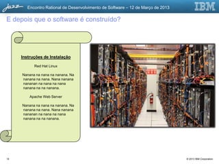 Encontro Rational de Desenvolvimento de Software – 12 de Março de 2013

E depois que o software é construído?




     Instruções de Instalação

           Red Hat Linux

     Nanana na nana na nanana. Na
     nanana na nana. Nana nanana
     nananan na nana na nana
     nanana na na nanana.

         Apache Web Server

     Nanana na nana na nanana. Na
     nanana na nana. Nana nanana
     nananan na nana na nana
     nanana na na nanana.




14                                                                               © 2013 IBM Corporation
 