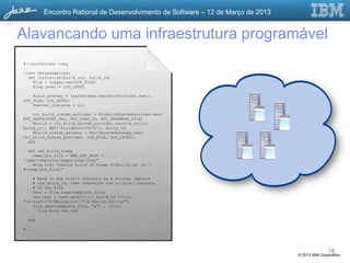 Encontro Rational de Desenvolvimento de Software – 12 de Março de 2013


Alavancando uma infraestrutura programável
#!/usr/bin/env ruby

class DevopsDeployer
  def initialize(build_url, build_id)
    @log = Logger.new(LOG_FILE)
    @log.level = LOG_LEVEL

    @iaas_gateway = IaasGateway.new(HsltProvider.new(),
LOG_FILE, LOG_LEVEL)
    @server_instance = nil
            .jsp                        .html
    rtc_build_system_provider = RtcBuildSystemProvider.new(
RTC_REPOSITORY_URL, RTC_USER_ID, RTC_PASSWORD_FILE)
    @build = rtc_build_system_provider.resolve_build(
build_url, ENV['buildResultUUID'], build_id)
                                                              Infrastructure
    @build_system_gateway = BuildSystemGateway.new(
                      .java
rtc_build_system_provider, LOG_FILE, LOG_LEVEL)
  end                                                            as Code
  def add_build_stamp
    template_file = WEB_APP_ROOT +
"/app/templates/pages/page.html"
    @log.info "Adding build ID stamp #{@build.id} to 
            .sh
#{template_file}"              chef recipes
    # Read in the file's contents as a string, replace
    # the build_id, then overwrite the original contents
    # of the file
    text = File.read(template_file)
    new_text = text.gsub(/{{ build_id }}/,
              Source Artifacts
"<a href="#{@build.uri}">#{@build.id}</a>")
    File.open(template_file, "w") { |file|

    }
  end
          Source Control
      file.puts new_text



# ...      Management
                                                                                                18
                                                                                 © 2013 IBM Corporation
 