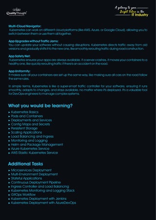 4
Bright Future in the
A gateway to your
IT Industry
Multi-Cloud Navigator:
Kubernetes can work on different cloud platforms (like AWS, Azure, or Google Cloud), allowing you to
switch between them or use them all together.
App Upgrades without Traffic Jams:
You can update your software without causing disruptions. Kubernetes directs traffic away from old
versions and gradually shifts it to the new one, like smoothly rerouting traffic during road construction.
App Safety Net:
Kubernetes ensures your apps are always available. If a server crashes, it moves your containers to a
healthy one, like quickly rerouting traffic if there's an accident on the road.
App Uniformity:
It makes sure all your containers are set up the same way, like making sure all cars on the road follow
the same rules.
In simple terms, Kubernetes is like a super-smart traffic controller for your software, ensuring it runs
smoothly, adapts to changes, and stays available, no matter where it's deployed. It's a valuable tool
for DevOps engineers to manage complex systems.
What you would be learning?
u Kubernetes Basics
u Pods and Containers
u Deployments and Services
u Config Maps and Secrets
u Persistent Storage
u Scaling Applications
u Load Balancing and Ingress
u Monitoring and Logging
u Helm and Package Management
u Azure Kubernetes Service
u AWS Elastic Kubernetes Service
Additional Tasks
u Microservices Deployment
u Multi-Environment Deployment
u Stateful Applications
u Continuous Deployment Pipeline
u Ingress Controller and Load Balancing
u Kubernetes Monitoring and Logging Stack
u GitOps Workflow
u Kubernetes Deployment with Jenkins
u Kubernetes Deployment with AzureDevOps
 