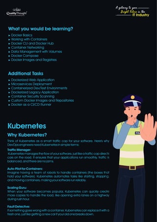 4
Bright Future in the
A gateway to your
IT Industry
Think of Kubernetes as a smart traffic cop for your software. Here's why
DevOps engineers need Kubernetes in simple terms:
Traffic Manager:
Kubernetes manages the flow of your software, just like a traffic cop directs
cars on the road. It ensures that your applications run smoothly, traffic is
balanced, and there are no jams.
Auto-Pilot for Containers:
Imagine having a team of robots to handle containers (the boxes that
hold your software). Kubernetes automates tasks like starting, stopping,
and moving containers, making your software run reliably.
Scaling Guru:
When your software becomes popular, Kubernetes can quickly create
more copies to handle the load, like opening extra lanes on a highway
during rush hour.
Fault Detective:
If something goes wrong with a container, Kubernetes can replace it with a
fresh one, just like getting a new car if your old one breaks down.
What you would be learning?
u Docker Basics
u Working with Containers
u Docker CLI and Docker Hub
u Container Networking
u Data Management with Volumes
u Docker Compose
u Docker Images and Registries
Additional Tasks
u Dockerized Web Application
u Microservices Deployment
u Containerized Dev/Test Environments
u Dockerized Legacy Application
u Container Security Scanning
u Custom Docker Images and Repositories
u Docker as a CI/CD Runner
Kubernetes
Why Kubernetes?
 