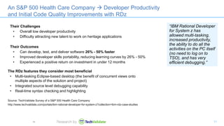 11
The RDz features they consider most beneficial
• Multi-tasking Eclipse-based desktop (the benefit of concurrent views onto
multiple aspects of the solution and project)
• Integrated source level debugging capability
• Real-time syntax checking and highlighting
Source: TechValidate Survey of a S&P 500 Health Care Company
http://www.techvalidate.com/portals/ibm-rational-developer-for-system-z?collection=ibm-rdz-case-studies
An S&P 500 Health Care Company  Developer Productivity
and Initial Code Quality Improvements with RDz
“IBM Rational Developer
for System z has
allowed multi-tasking,
increased productivity,
the ability to do all the
activities on the PC itself
(no need to log on to
TSO), and has very
efficient debugging.”
Their Challenges
• Overall low developer productivity
• Difficulty attracting new talent to work on heritage applications
Their Outcomes
• Can develop, test, and deliver software 26% - 50% faster
• Improved developer skills portability, reducing learning curves by 26% - 50%
• Experienced a positive return on investment in under 12 months
11
 