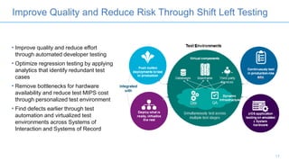 • Improve quality and reduce effort
through automated developer testing
• Optimize regression testing by applying
analytics that identify redundant test
cases
• Remove bottlenecks for hardware
availability and reduce test MIPS cost
through personalized test environment
• Find defects earlier through test
automation and virtualized test
environments across Systems of
Interaction and Systems of Record
Improve Quality and Reduce Risk Through Shift Left Testing
17
 