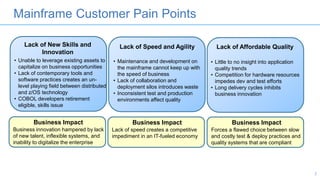 2
Mainframe Customer Pain Points
Lack of New Skills and
Innovation
Lack of Speed and Agility Lack of Affordable Quality
• Unable to leverage existing assets to
capitalize on business opportunities
• Lack of contemporary tools and
software practices creates an un-
level playing field between distributed
and z/OS technology
• COBOL developers retirement
eligible, skills issue
• Maintenance and development on
the mainframe cannot keep up with
the speed of business
• Lack of collaboration and
deployment silos introduces waste
• Inconsistent test and production
environments affect quality
• Little to no insight into application
quality trends
• Competition for hardware resources
impedes dev and test efforts
• Long delivery cycles inhibits
business innovation
Business innovation hampered by lack
of new talent, inflexible systems, and
inability to digitalize the enterprise
Business Impact
Lack of speed creates a competitive
impediment in an IT-fueled economy
Business Impact
Forces a flawed choice between slow
and costly test & deploy practices and
quality systems that are compliant
Business Impact
 