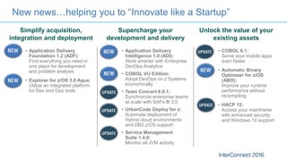 New news…helping you to “Innovate like a Startup”
Simplify acquisition,
integration and deployment
Supercharge your
development and delivery
Unlock the value of your
existing assets
• Application Delivery
Foundation 1.2 (ADF):
Find everything you need in
one place for development
and problem analysis
• Explorer for z/OS 3.0 Aqua:
Utilize an integrated platform
for Dev and Ops tools
• Application Delivery
Intelligence 1.0 (ADI):
Work smarter with Enterprise
DevOps Analytics
• COBOL VU Edition:
Adopt DevOps on z Systems
economically
• Team Concert 6.0.1:
Synchronize enterprise teams
at scale with SAFe ® 3.0
• UrbanCode Deploy for z:
Automate deployment of
Hybrid cloud environments
and DB2 z/OS support
• Service Management
Suite 1.4.0:
Monitor all JVM activity
• COBOL 6.1:
Serve your mobile apps
even faster
• Automatic Binary
Optimizer for z/OS
(ABO):
Improve your runtime
performance without
recompiling
• HACP 12:
Access your mainframe
with enhanced security
and Windows 10 support
 