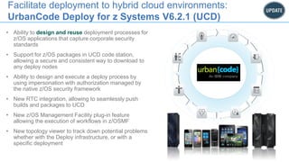 Facilitate deployment to hybrid cloud environments:
UrbanCode Deploy for z Systems V6.2.1 (UCD)
• Ability to design and reuse deployment processes for
z/OS applications that capture corporate security
standards
• Support for z/OS packages in UCD code station,
allowing a secure and consistent way to download to
any deploy nodes
• Ability to design and execute a deploy process by
using impersonation with authorization managed by
the native z/OS security framework
• New RTC integration, allowing to seamlessly push
builds and packages to UCD
• New z/OS Management Facility plug-in feature
allowing the execution of workflows in z/OSMF
• New topology viewer to track down potential problems
whether with the Deploy infrastructure, or with a
specific deployment
 
