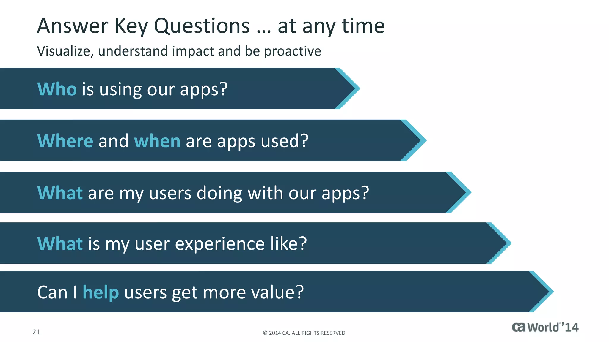 21 
© 2014 CA. ALL RIGHTS RESERVED. 
Answer Key Questions … at any time 
Visualize, understand impact and be proactive 
Whatis my user experience like? 
Whois using our apps? 
Whereand whenare apps used? 
Whatare my users doing with our apps? 
Can I helpusers get more value?  